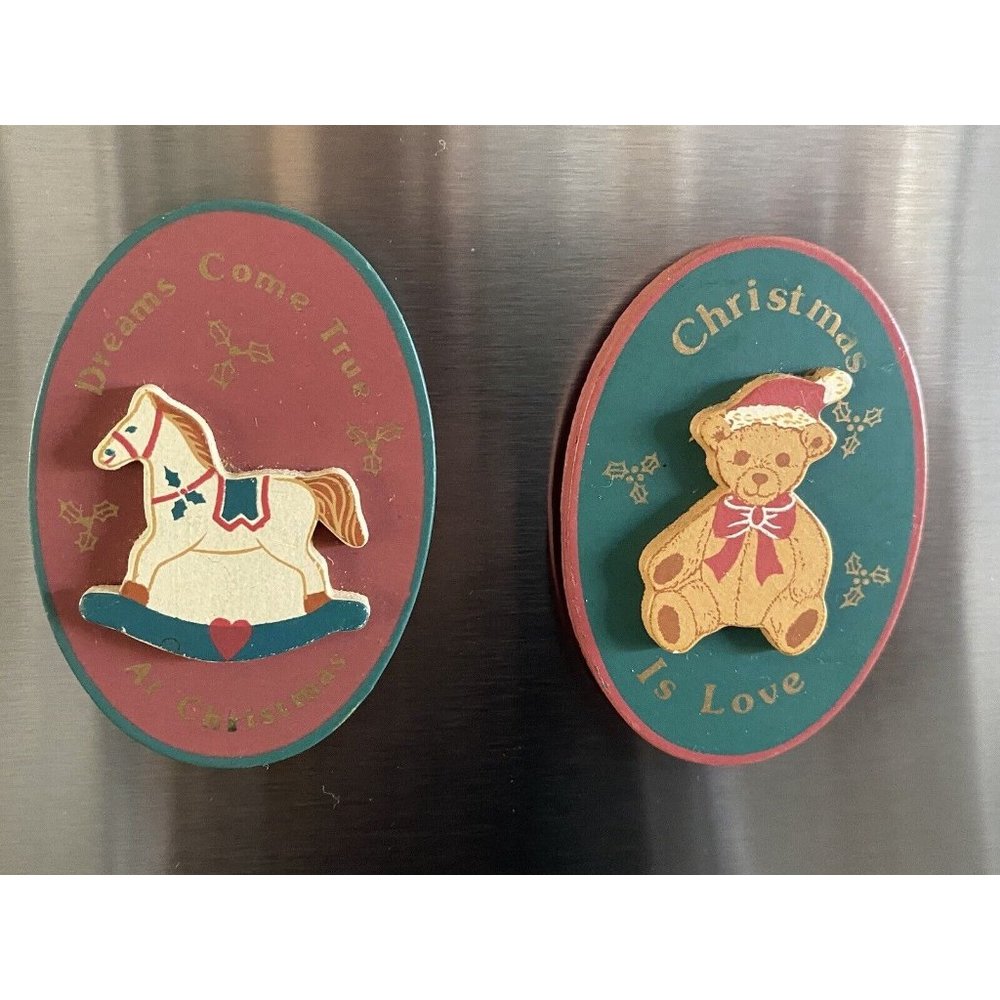 Vintage Russ Folk Art Style Wooden Wood‎ Christmas Refrigerator Magnets Lot Of 2